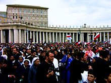 Crowd assembling for John Paul II's funeral Mass on 8 April 2005.