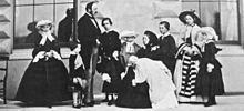 Albert, Victoria and their nine children, 1857. Left to right: Alice, Arthur, Albert, Edward, Leopold, Louise, Victoria with Beatrice, Alfred, Victoria and Helena
