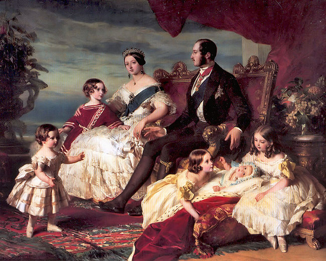 Victoria's family in 1846 by Franz Xaver Winterhalter left to right: Prince Alfred and the Prince of Wales; the Queen and Prince Albert; Princesses Alice, Helena and Victoria