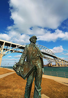 Statue of young Thomas Edison by the railroad tracks in Port Huron, Michigan.