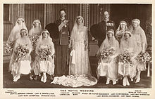 Elizabeth (back row second from left) as a bridesmaid at the wedding of Princess Mary and Viscount Lascelles, 1922