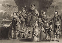 James I and his royal progeny, by Charles Turner, from a mezzotint by Samuel Woodburn (1814), after Willem de Passe