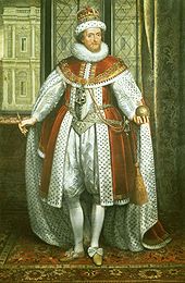 Portrait of James by Paul van Somer, c. 1620. In the background is the Banqueting House, Whitehall, by architect Inigo Jones, commissioned by James.