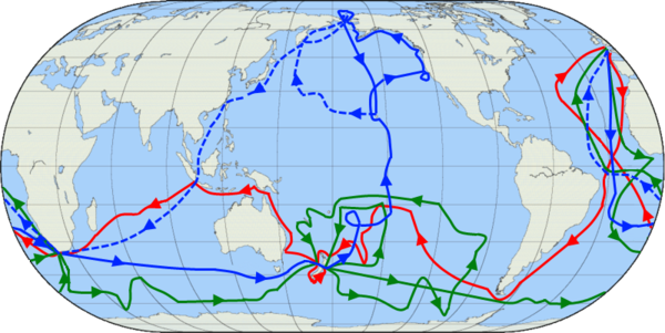 The routes of Captain James Cook's voyages. The first voyage is shown in red, second voyage in green, and third voyage in blue. The route of Cook's crew following his death is shown as a dashed blue line.