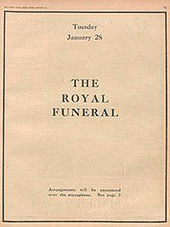 The Radio Times page for the day of the funeral, showing no programmes scheduled, and the words "Arrangements will be announced over the microphone"