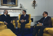 On October 31, 1973, Egyptian Foreign Minister Ismail Fahmi (left) meets with Richard Nixon (middle) and Henry Kissinger (right), about a week after the end of fighting in the Yom Kippur War.