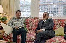 Kissinger meeting with President Ronald Reagan in the White House family quarters, 1981