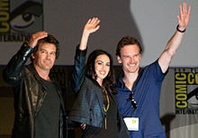 Fassbender (right), Josh Brolin and Megan Fox promoting the 2010 film Jonah Hex at Comic-Con in 2009.