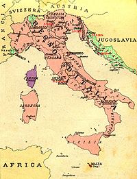 Italia Irredenta: regions considered Italian because of ethnic, geographic and/or historical reasons, claimed by the Fascists in the 1930s: green: Nice, Ticino, and Dalmatia; red: Malta; violet: Corsica; Savoy and Corfu were later claimed.