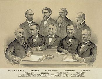 Harrison's cabinet in 1889 Front row, left to right: Harrison, William Windom, John Wanamaker, Redfield Proctor, James G. Blaine Back row, left to right: William H. H. Miller, John W. Noble, Jeremiah M. Rusk, Benjamin F. Tracy