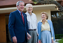 Betty Ford (far right) with President George W. Bush and former President Ford on April 23, 2006