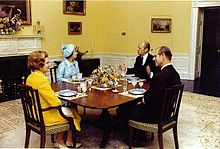 The Fords host Queen Elizabeth II and her husband the The Duke of Edinburgh in the President's Dining Room at the during a 1975 state visit.