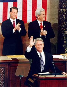 Al Gore and Newt Gingrich applaud as US president Clinton waves during the State of the Union address in 1997.
