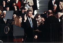 Clinton takes the oath of office from Chief Justice William Rehnquist during his 1993 presidential inauguration on January 20, 1993.