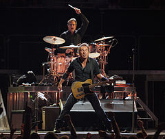 Springsteen performing with drummer Max Weinberg behind him, on the Magic Tour stop at Veterans Memorial Arena, Jacksonville, Florida, August 15, 2008.