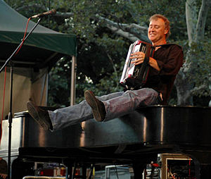 Hornsby playing accordion in New York's Central Park