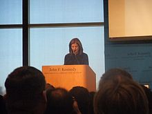 Kennedy officiating over the first annual Pen Awards for songwriting excellence-at the JFK Presidential Library, Boston, Mass. on Feb 26, 2012. The honorees were Leonard Cohen and Chuck Berry.