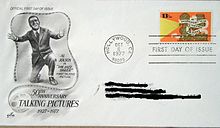 "50th Anniversary Year of Talking Pictures" stamp on first-day-of-issue cover featuring Jolson