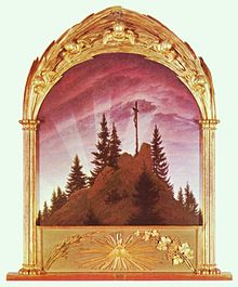 The Tetschen Altar, or The Cross in the Mountains (1807). 115 × 110.5 cm. Galerie Neue Meister, Dresden. Friedrich's first major work, the piece breaks with the traditions of representing the crucifixion in altarpieces by depicting the scene as a landscape.