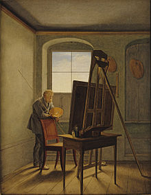 Georg Friedrich Kersting, Caspar David Friedrich in his Studio (1819). 51 × 40 cm. Alte Nationalgalerie, Berlin. Kersting portrays an aged Friedrich holding a maulstick at his canvas.