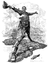 "The Rhodes Colossus" – cartoon by Edward Linley Sambourne, published in Punch after Rhodes announced plans for a telegraph line from Cape Town to Cairo in 1892.