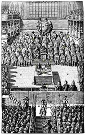 Charles (in the dock with his back to the viewer) facing the High Court of Justice, 1649
