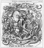 Punch's almanac for 1882, published shortly before Darwin's death, depicts him amidst evolution from chaos to Victorian gentleman with the title Man Is But A Worm.