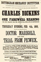 Poster promoting a reading by Dickens in Nottingham dated 4 February 1869, two months before he suffered a mild stroke.