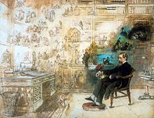 Dickens' Dream by Robert William Buss, portraying Dickens at his desk at Gads Hill Place surrounded by many of his characters