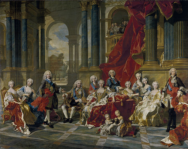 "The Family of Philip V of Spain 1743"; (L-R) Mariana Victoria, Princess of Brazil; Barbara, Princess of Asturias; Ferdinand, Prince of Asturias; King Philip V; Luis, Count of Chinchón; Elisabeth Farnese; Infante Philip; Princess Louise Élisabeth of France; Infanta Maria Teresa Rafaela; Infanta Maria Antonia; Maria Amalia, Queen of Naples and Sicily; Charles, King of Naples and Sicily. The two children in the foreground are Princess Maria Isabella Anne of Naples and Sicily and Infanta Isabella Maria of Spain (daughter of the future Duke of Parma)