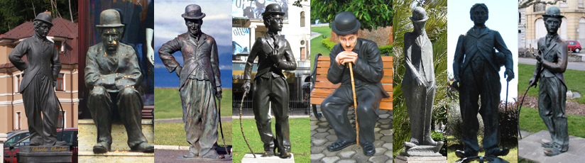 Statues of Chaplin around the world, located at (left to right) 1. Teplice, Czech Republic; 2. Chełmża, Poland; 3. Waterville, Ireland; 4. London, United Kingdom; 5. Hyderabad, India; 6. Alassio, Italy; 7. Barcelona, Spain; 8. Vevey, Switzerland