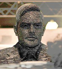 Statue of Turing by Stephen Kettle at Bletchley Park, commissioned by the American philanthropist Sidney Frank.[54]