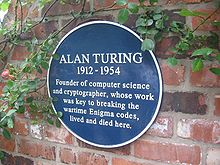 A blue plaque marking Turing's home at Wilmslow, Cheshire