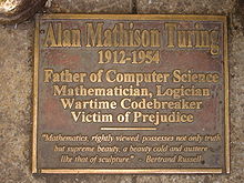Turing memorial statue plaque in Sackville Park, Manchester