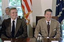 Heston with President Ronald Reagan during a meeting for the Presidential Task Force on the Arts and Humanities in the White House Cabinet Room, 1981