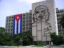 Plaza de la Revolución, in Havana, Cuba. Aside the Ministry of the Interior building where Guevara once worked, is a 5 story steel outline of his face. Under the image is Guevara's motto, the Spanish phrase: "Hasta la Victoria Siempre" (English: Until Victory, forever.).