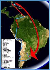 A map of Guevara's 1952 trip with Alberto Granado. The red arrows correspond to air travel.