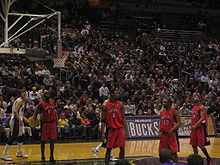 Bosh and his team mates in a 2005–06 game against the Milwaukee Bucks. From left: Pape Sow, Bosh, Mike James and Morris Peterson.