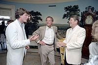 Christopher Reeve, Frank Gifford, Ronald Reagan at a reception and picnic in honor of the 15th anniversary of the Special Olympics program in the Diplomatic Reception room May 1983.