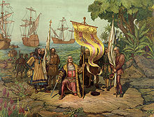 12 October 1492 – Christopher Columbus discovers The Americas for Spain, painting by Gergio Delucio, no date.