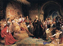 Columbus before the Queen, as imagined[74] by Emanuel Gottlieb Leutze, 1843