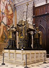 Tomb in Seville Cathedral. The remains are borne by kings of Castile, Leon, Aragon and Navarre.[78]