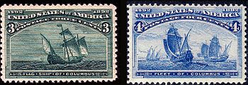 ~ Flagship of Columbus ~ Fleet of Columbus ~ ~ 400th Anniversary Issues of 1893 ~ U.S. stamps reflecting the most commonly held view as to what Columbus's first fleet might have looked like. The Santa Maria, the flagship of Columbus's fleet, was a carrack—a merchant ship of between 400 and 600 tons, 75 feet (23 m) long, with a beam of 25 feet (7.6 m), allowing it to carry more people and cargo. It had a deep draft of 6 feet (1.8 m). The vessel had three masts: a mainmast, a foremast, and a mizzenmast. Five sails altogether were attached to these masts. Each mast carried one large sail. The foresail and mainsail were square; the sail on the mizzen was a triangular sail known as a lateen mizzen. The ship had a smaller topsail on the mainmast above the mainsail and on the foremast above the foresail. In addition, the ship carried a small square sail, a spritsail, on the bowsprit.[38][39]