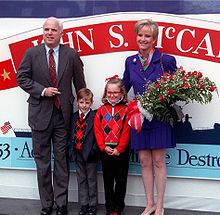 Cindy McCain, at christening of USS John S. McCain, September 1992, with daughter Meghan, son Jack, and husband John at the Bath Iron Works shipyard, Bath, Maine.