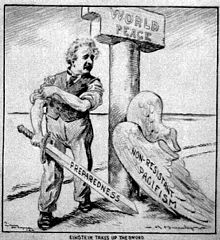 Cartoon of Einstein, who has shed his "Pacifism" wings, standing next to a pillar labeled "World Peace." He is rolling up his sleeves and holding a sword labeled "Preparedness" (circa 1933).