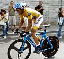 Contador wearing the yellow jersey during the 19th stage of the 2007 Tour de France.