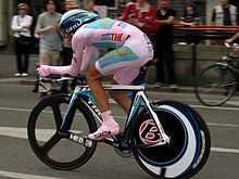 Contador wearing the pink jersey during the 21st stage of 2008 Giro d'Italia.