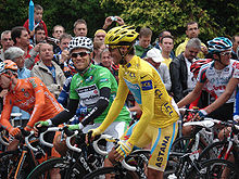 Contador wearing the yellow jersey during the 17th stage of the 2010 Tour de France. He was later stripped of this title.