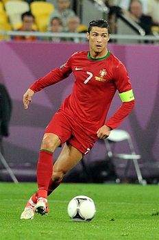 Ronaldo, playing for Portugal in 2012, has been compared to Lionel Messi, as well as Ronaldinho and Kaká.[228]