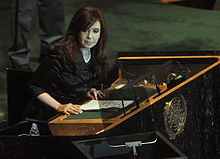 Kirchner giving a speech in the United Nations regarding the Falkland Islands.